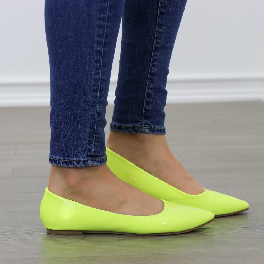 Neon Yellow Close Pointy Toe Slip Flat Shoes - Picture 7 of 8